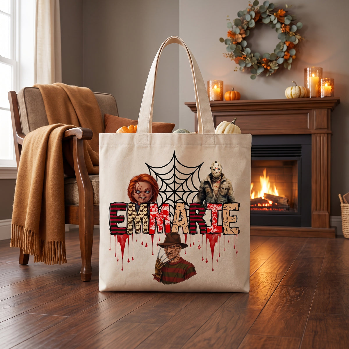 Custom Retro Halloween Canvas Tote Bag Personalized Trick-Or-Treat Bag School Halloween Kids Gift | Toddler Goodie Food Basket Bag Monogram