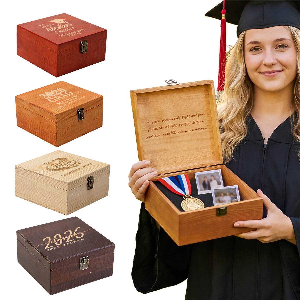 Personalized Graduation Wooden Keepsake Box Custom Engraved Memory Box with Name Storage Boxes for High School College Graduates Cap and Gown Photos Letters Graduation Gifts-for Him Her
