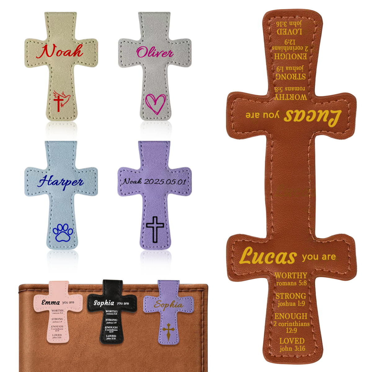 Personalized Magnetic Christian Bookmarks Custom PU Leather Bookmark with Name & Bible Verses Catholic Cross Book Marks Religious Gifts for Women Students Teachers Father Book Lovers-xmj