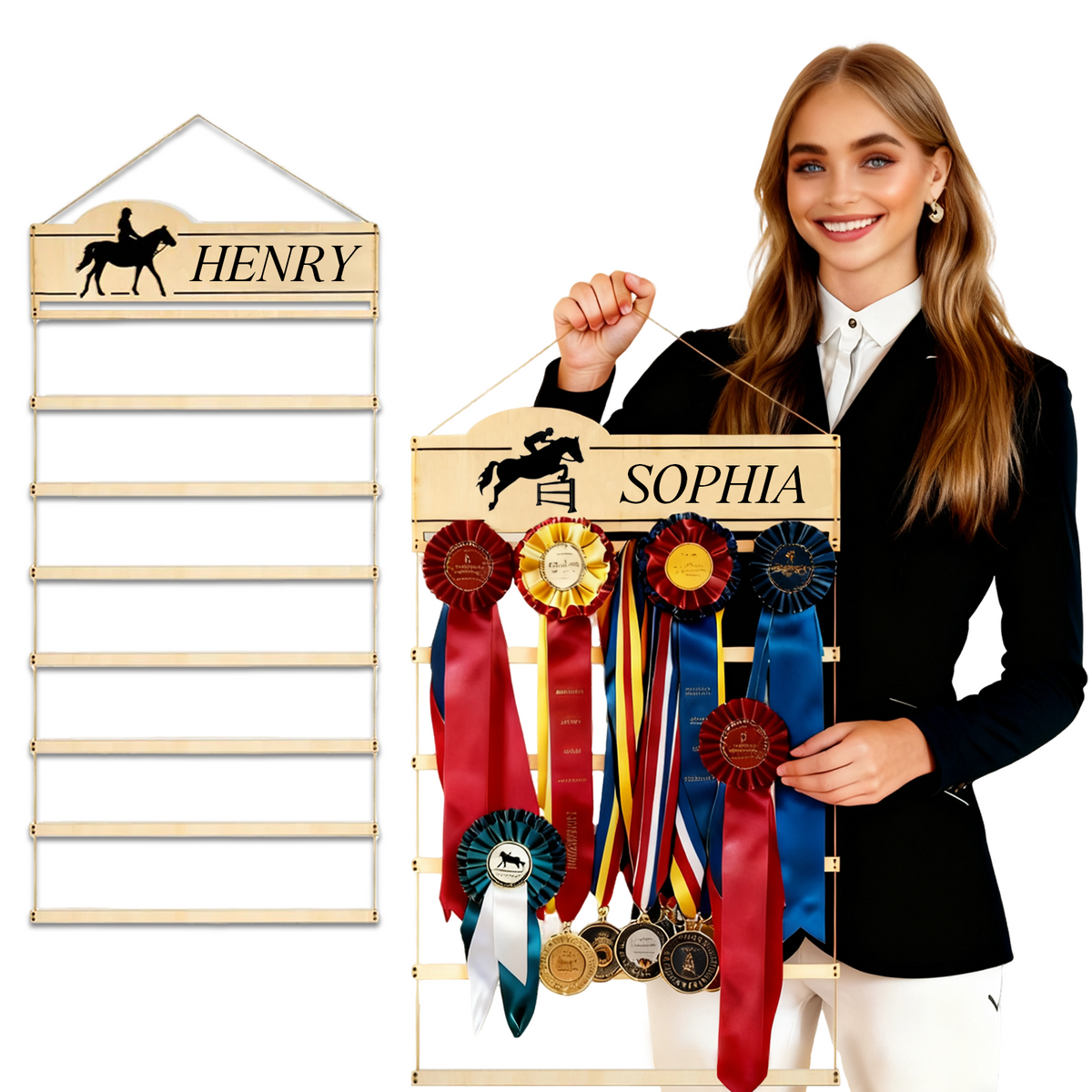 Personalized Equestrian Medal Hanger Display with Name Wooden Medal Holder for Wall Mount Ribbon Display Medals Badge Holder for Horse Show Gymnastics Soccer Running Race Medals Awards Rack