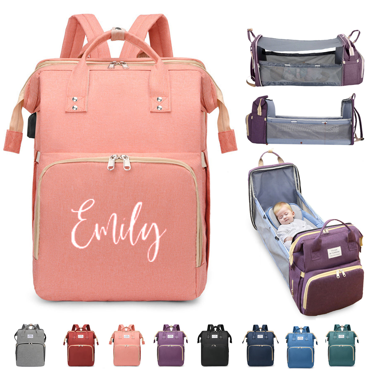 Personalized 3 in 1 Diaper Bag Backpack with Changing Station