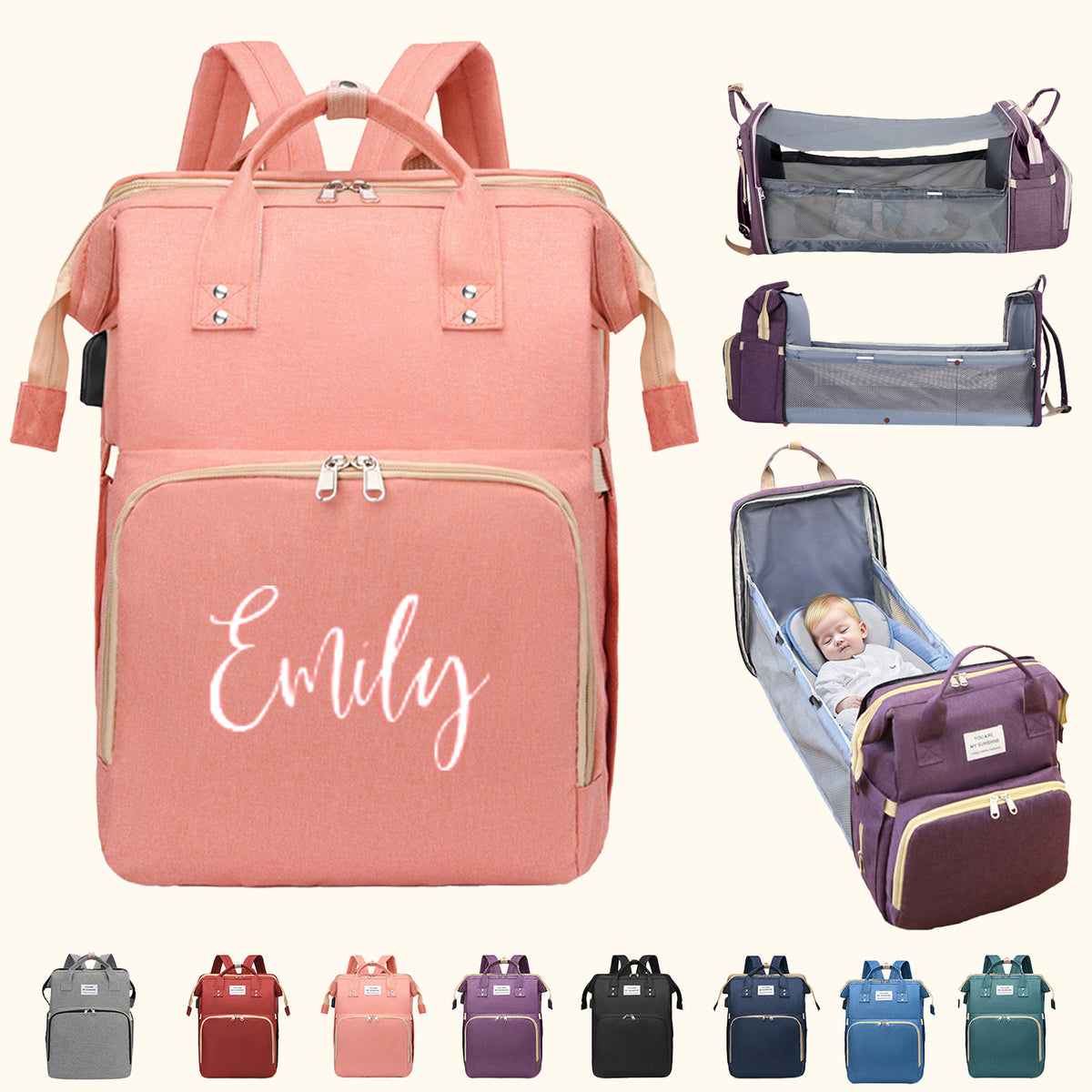 Personalized 3 in 1 Diaper Bag Backpack with Changing Station Multifunctional Large Baby Diaper Bags for Boys & Girls Portable Custom Lightweight Changing Bag Newborn Baby Essential Gifts