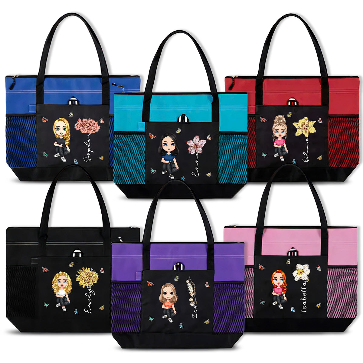 Personalized Oxford Tote Bag for Women Custom Cartoon Lady Birth Flower Travel Storage Bag with Name Large Capacity Bag for Office Travel Beach Shopping Picnic Birthday Gift for Women