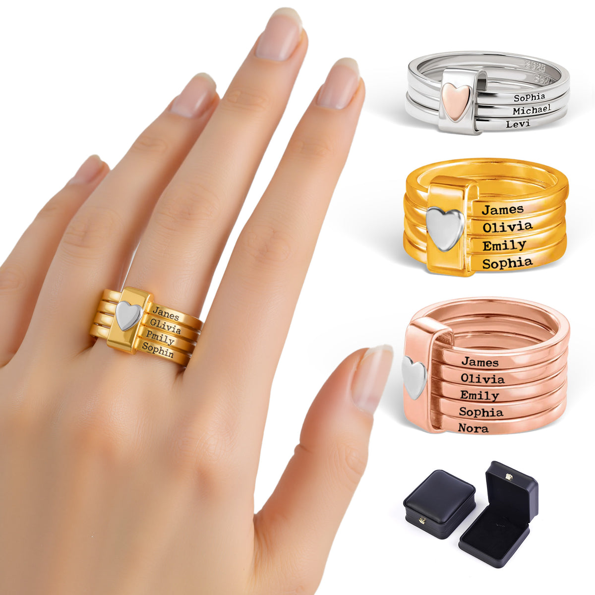 Personalized Name Ring for Women Stacking Rings with Engraved 2-7 Names
