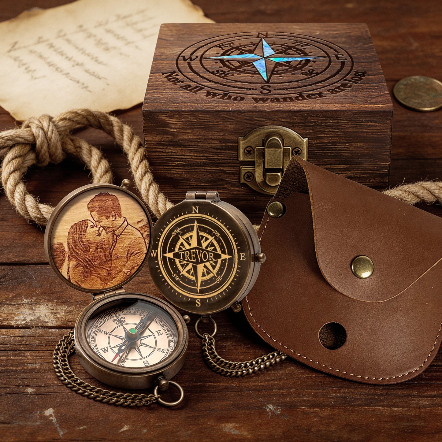 Personalized Engraved Compass with Wooden Box