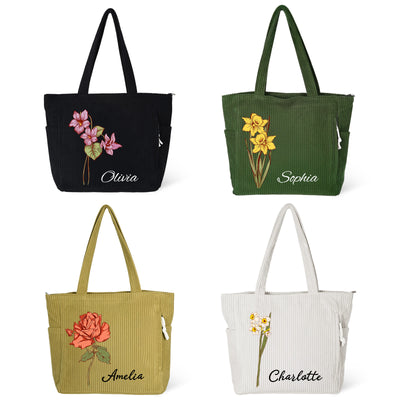 Personalized Birth Flower Corduroy Tote Bag