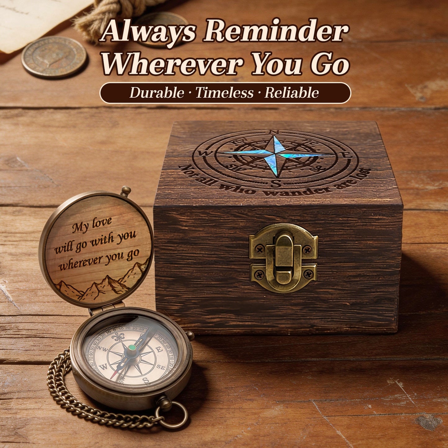 Personalized Engraved Compass with Wooden Box
