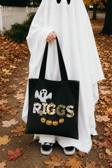 Custom Retro Halloween Canvas Tote Bag Personalized Trick-Or-Treat Bag School Halloween Kids Gift | Toddler Goodie Food Basket Bag Monogram