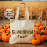 Custom Retro Halloween Canvas Tote Bag Personalized Trick-Or-Treat Bag School Halloween Kids Gift | Toddler Goodie Food Basket Bag Monogram
