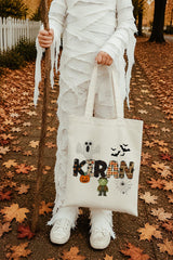 Custom Retro Halloween Canvas Tote Bag Personalized Trick-Or-Treat Bag School Halloween Kids Gift | Toddler Goodie Food Basket Bag Monogram