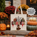 Custom Retro Halloween Canvas Tote Bag Personalized Trick-Or-Treat Bag School Halloween Kids Gift | Toddler Goodie Food Basket Bag Monogram