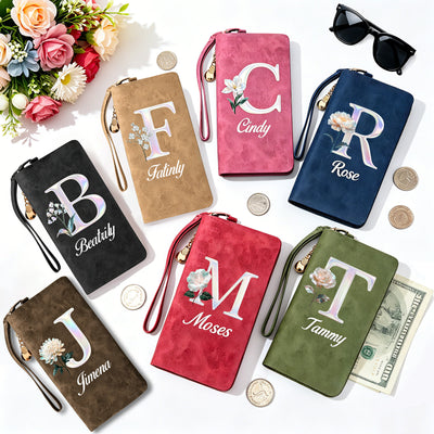 Personalized Wristlet Wallet for Women Custom Pearl Initial Birth Flower and Name PU Leather Wallet with Coin Pocket Id Window & Grip Hand Strap Mother's Day Birthday Gift for Mom Friends