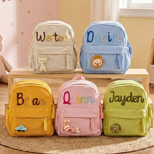 Personalized Name Toddler Backpack Custom Embroidered Kids Backpack Corduroy Small Mini School Bag for Preschool Kindergarten Birthday Back to School GiftS for Girls Boys 4-15 Years