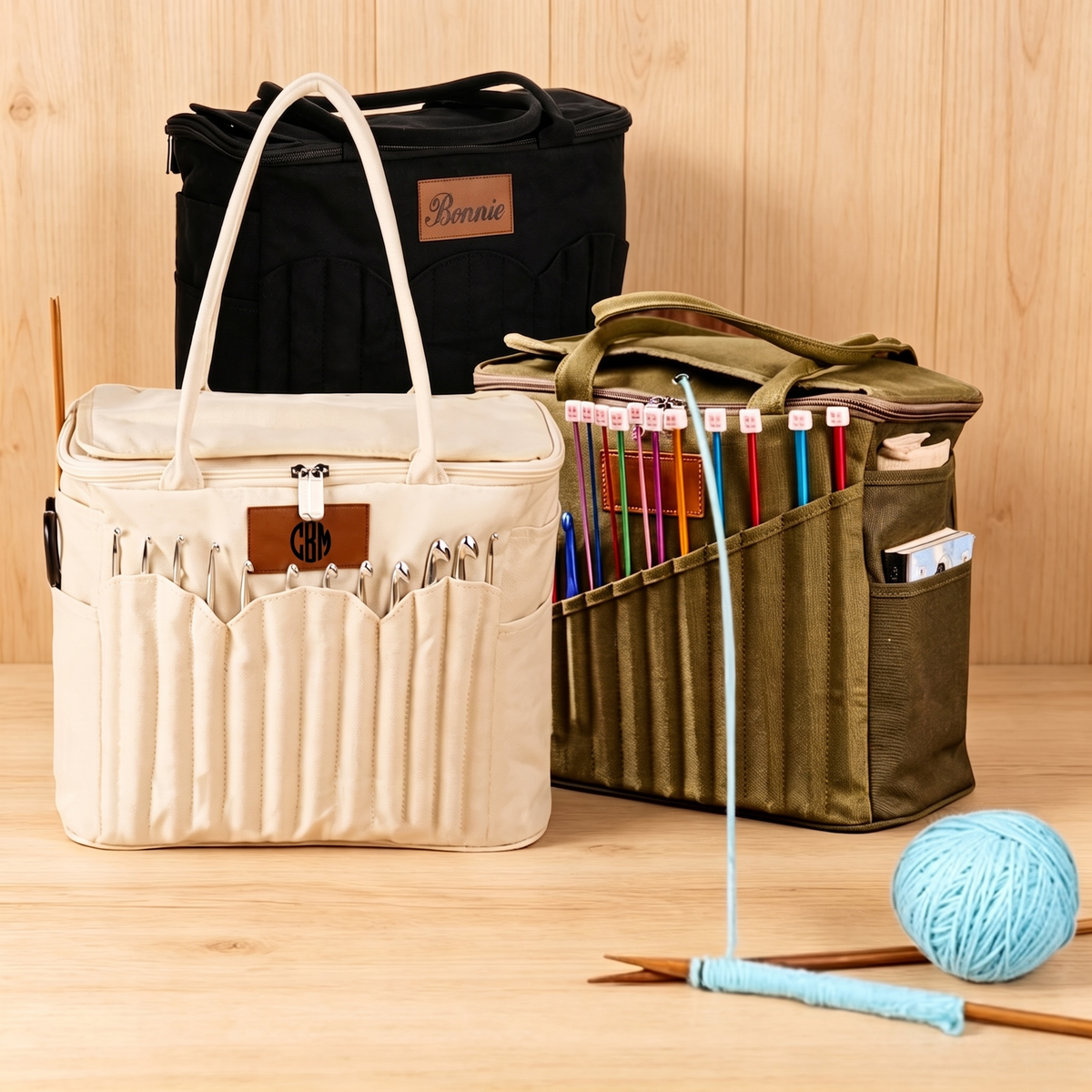 UIDMEN Personalized Knitting Bag with Name Leather Patch Canvas Yarn Bag Yarn Holder for Crochet Lovers Pottery Tool Bag Art Supply Storage Student Artist Gift Mother's Day Gift Birthday Gifts