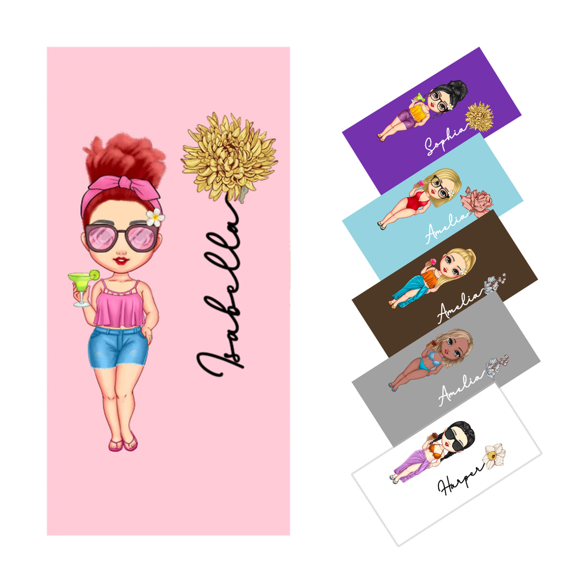 Personalized Beach Towels with Name and Birth Flower Cartoon Women Oversized Beach Towel Travel Beach Towel for Women for Swimming Pool Camping Beach Gifts for Sisters Friends Besties Adult Gift-XMJ