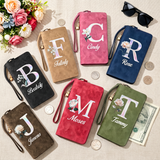 Personalized Wristlet Wallet for Women Custom Pearl Initial Birth Flower and Name PU Leather Wallet with Coin Pocket Id Window & Grip Hand Strap Mother's Day Birthday Gift for Mom Friends