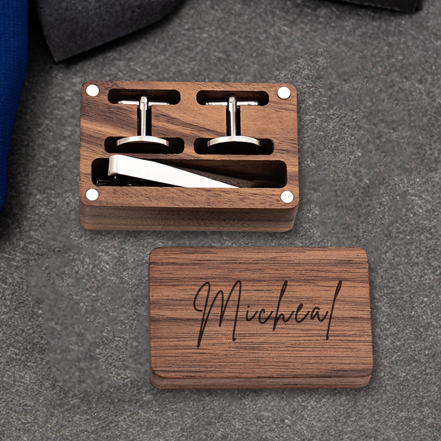 Personalized Tie Clip and Cufflinks Set, Custom Wedding Cufflinks, with Wooden Box, Groomsmen Wedding Gift Set