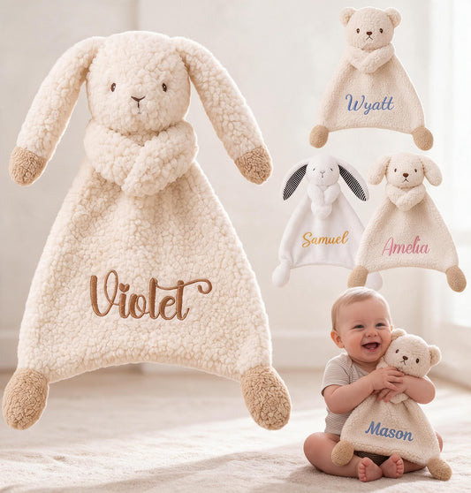 Personalized Baby Lovey Blanket Custom Embroidered Name Plush Bunny Blanket Baby Sleeping Comfort Towel Newborn Baptism Gifts for Boys Girls Baby Shower Birthday Easter