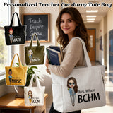 Personalized Corduroy Tote Bag for Teacher Tote Bag with Name & Cartoon Character Large Shoulder Handbags with Zipper Travel College Work Accessory Graduation Birthday Gifts for Teacher