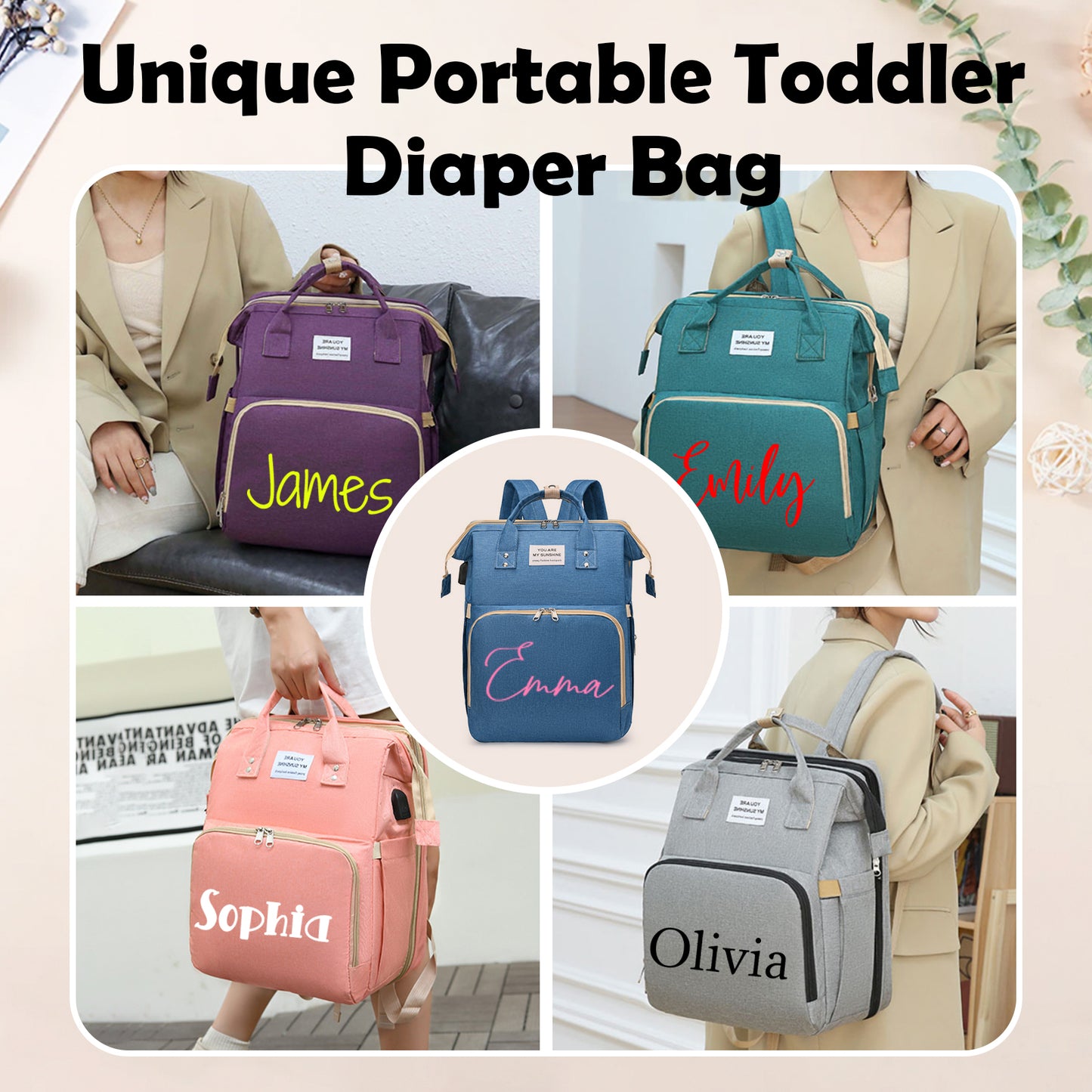 Personalized 3 in 1 Diaper Bag Backpack with Changing Station  Multifunctional Large Baby Diaper Bags for Boys & Girls Portable Custom Lightweight Changing Bag Newborn Baby Essential Gifts