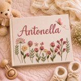 Custom Hand Embroidered Baby Birthday Guest Book Embroidered Floral Butterfly Baby Book Custom Floral Linen Scrapbook Newborn Gift Album