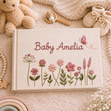 Custom Hand Embroidered Baby Birthday Guest Book Embroidered Floral Butterfly Baby Book Custom Floral Linen Scrapbook Newborn Gift Album