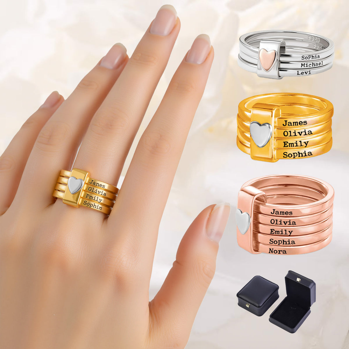 Anillo con nombre personalizado para mujer Anillos apilables con 2-7 nombres grabados