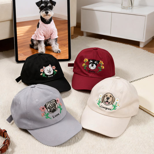 Personalized Embroidered Hats with Pet Portrait & Birth Flower, 100% Cotton Custom Name Baseball Cap for Men Women with Adjustable Buckle, Christmas, Birthday Gift for Pet Owners Lovers Multi